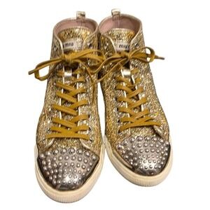 Miu Miu‎ Glitter Studded High Top Sneakers Sz 39.5 Gold Sparkle Silver Studs